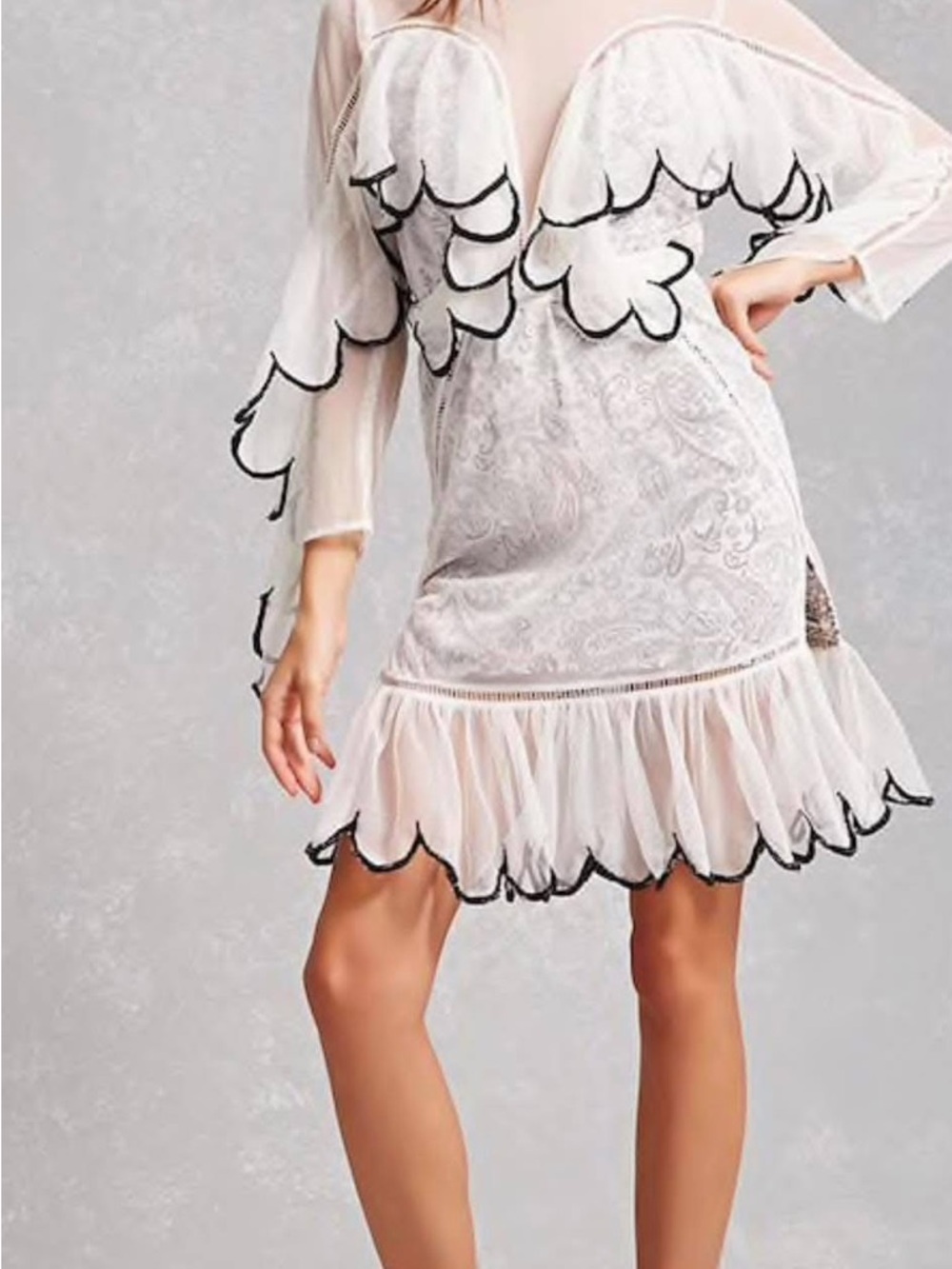 Sheer White Lace Mini Dress with Black Scallop Trim